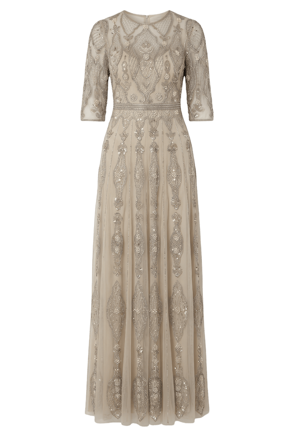 Beige 3/4 Sleeve Embellished A-line Gown - ALBOUSHIYA - district 5 - dubai - riyadh - abaya - dresses - designers - evening wear - luxury - elegance - craftsmanship - gowns - cocktail dresses - collections - georges