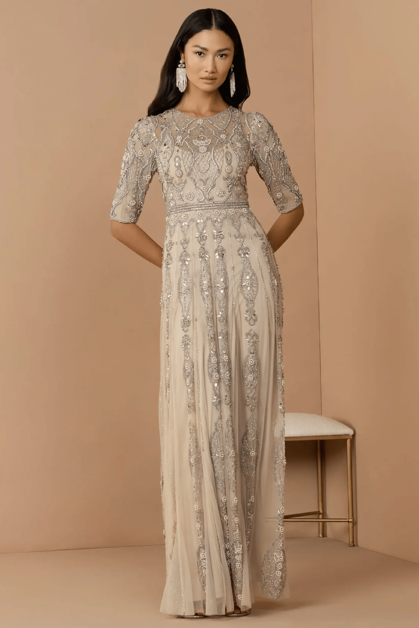 Beige 3/4 Sleeve Embellished A-line Gown - ALBOUSHIYA - district 5 - dubai - riyadh - abaya - dresses - designers - evening wear - luxury - elegance - craftsmanship - gowns - cocktail dresses - collections - georges