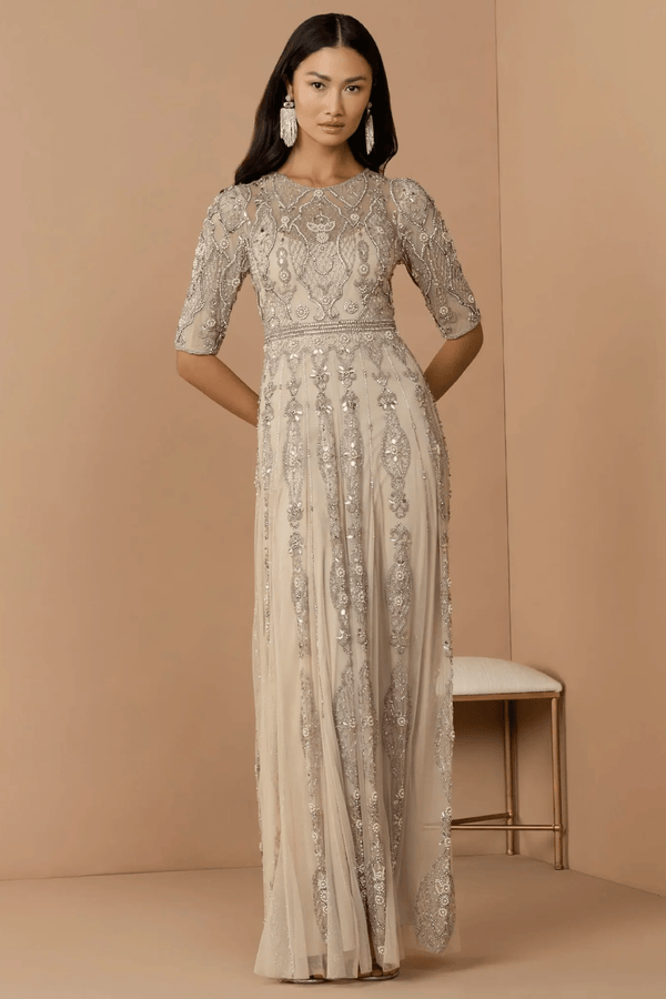 Beige 3/4 Sleeve Embellished A-line Gown - ALBOUSHIYA - district 5 - dubai - riyadh - abaya - dresses - designers - evening wear - luxury - elegance - craftsmanship - gowns - cocktail dresses - collections - georges