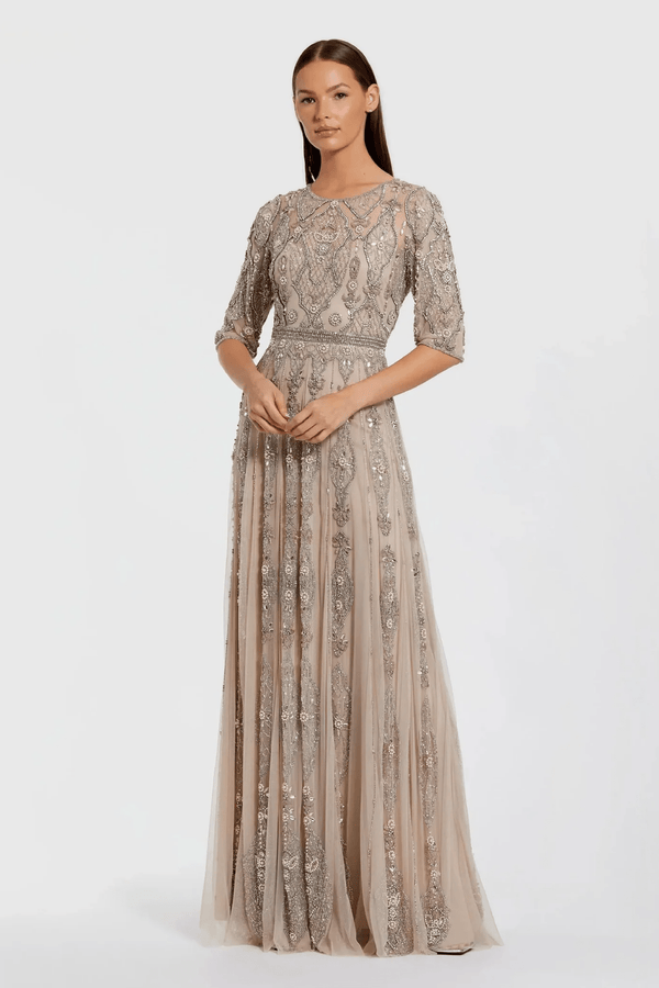 Beige 3/4 Sleeve Embellished A-line Gown - ALBOUSHIYA - district 5 - dubai - riyadh - abaya - dresses - designers - evening wear - luxury - elegance - craftsmanship - gowns - cocktail dresses - collections - georges