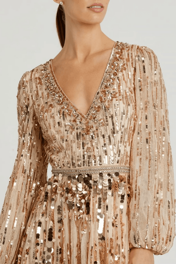 Beige Embellished Mesh Long Sleeve V Neck Gown - ALBOUSHIYA - district 5 - dubai - riyadh - abaya - dresses - designers - evening wear - luxury - elegance - craftsmanship - gowns - cocktail dresses - collections - georges