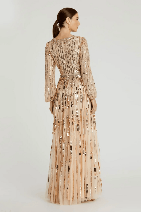 Beige Embellished Mesh Long Sleeve V Neck Gown - ALBOUSHIYA - district 5 - dubai - riyadh - abaya - dresses - designers - evening wear - luxury - elegance - craftsmanship - gowns - cocktail dresses - collections - georges