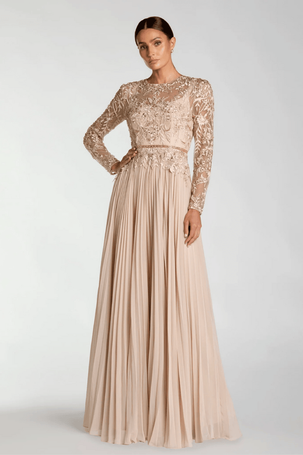 Beige Long Sleeve Chiffon Embellished Gown - ALBOUSHIYA - district 5 - dubai - riyadh - abaya - dresses - designers - evening wear - luxury - elegance - craftsmanship - gowns - cocktail dresses - collections - georges