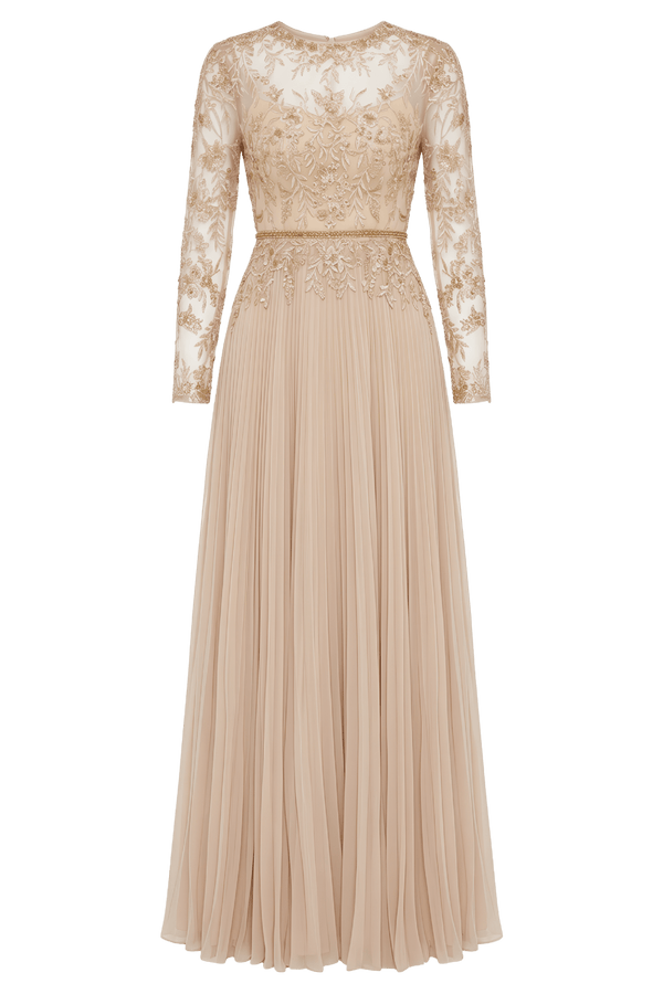 Beige Long Sleeve Chiffon Embellished Gown - ALBOUSHIYA - district 5 - dubai - riyadh - abaya - dresses - designers - evening wear - luxury - elegance - craftsmanship - gowns - cocktail dresses - collections - georges