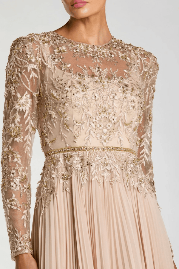 Beige Long Sleeve Chiffon Embellished Gown - ALBOUSHIYA - district 5 - dubai - riyadh - abaya - dresses - designers - evening wear - luxury - elegance - craftsmanship - gowns - cocktail dresses - collections - georges