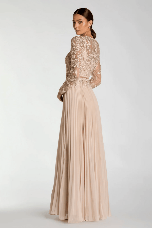 Beige Long Sleeve Chiffon Embellished Gown - ALBOUSHIYA - district 5 - dubai - riyadh - abaya - dresses - designers - evening wear - luxury - elegance - craftsmanship - gowns - cocktail dresses - collections - georges