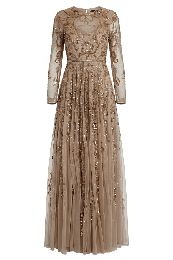 Beige Long Sleeve Hand Embellished Gown - ALBOUSHIYA - district 5 - dubai - riyadh - abaya - dresses - designers - evening wear - luxury - elegance - craftsmanship - gowns - cocktail dresses - collections - georges