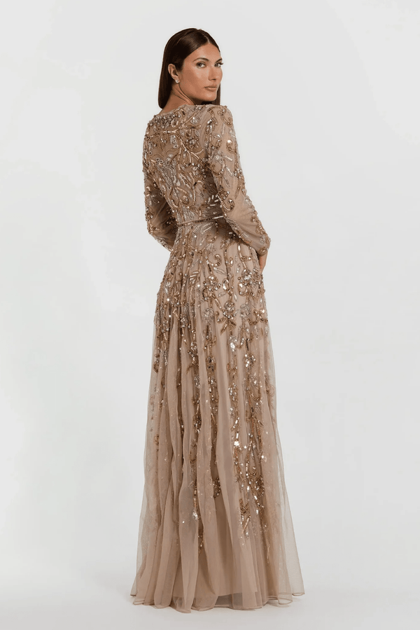 Beige Long Sleeve Hand Embellished Gown - ALBOUSHIYA - district 5 - dubai - riyadh - abaya - dresses - designers - evening wear - luxury - elegance - craftsmanship - gowns - cocktail dresses - collections - georges