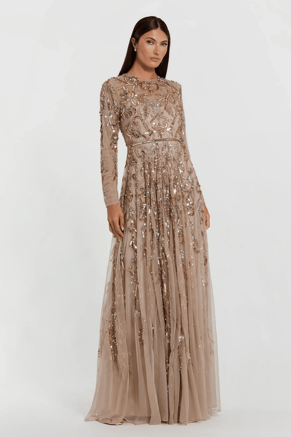Beige Long Sleeve Hand Embellished Gown - ALBOUSHIYA - district 5 - dubai - riyadh - abaya - dresses - designers - evening wear - luxury - elegance - craftsmanship - gowns - cocktail dresses - collections - georges