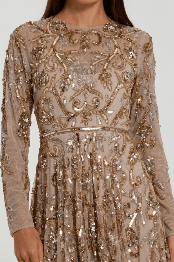 Beige Long Sleeve Hand Embellished Gown - ALBOUSHIYA - district 5 - dubai - riyadh - abaya - dresses - designers - evening wear - luxury - elegance - craftsmanship - gowns - cocktail dresses - collections - georges