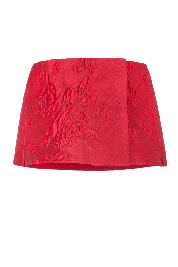 Bibiana Wrap In Red Graphic Rose Jacquard - ALBOUSHIYA - district 5 - dubai - riyadh - abaya - dresses - designers - evening wear - luxury - elegance - craftsmanship - gowns - cocktail dresses - collections - georges