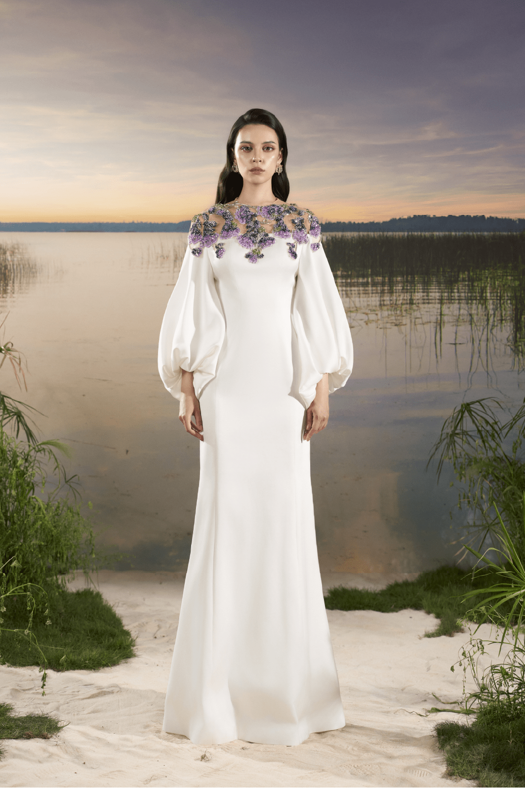 Bishop Sleeve Crepe Gown - ALBOUSHIYA - district 5 - dubai - riyadh - abaya - dresses - designers - evening wear - luxury - elegance - craftsmanship - gowns - cocktail dresses - collections - georges
