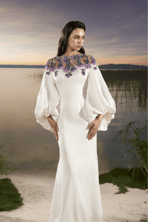 Bishop Sleeve Crepe Gown - ALBOUSHIYA - district 5 - dubai - riyadh - abaya - dresses - designers - evening wear - luxury - elegance - craftsmanship - gowns - cocktail dresses - collections - georges