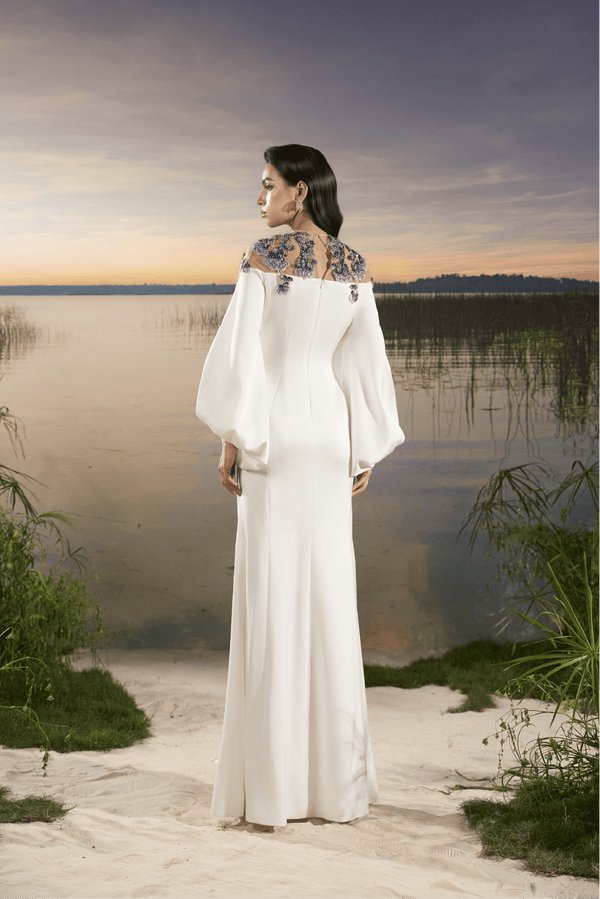 Bishop Sleeve Crepe Gown - ALBOUSHIYA - district 5 - dubai - riyadh - abaya - dresses - designers - evening wear - luxury - elegance - craftsmanship - gowns - cocktail dresses - collections - georges