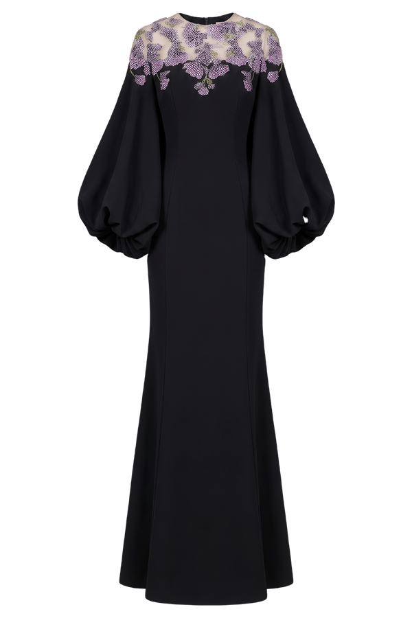 Bishop Sleeve Crepe Gown - ALBOUSHIYA - district 5 - dubai - riyadh - abaya - dresses - designers - evening wear - luxury - elegance - craftsmanship - gowns - cocktail dresses - collections - georges