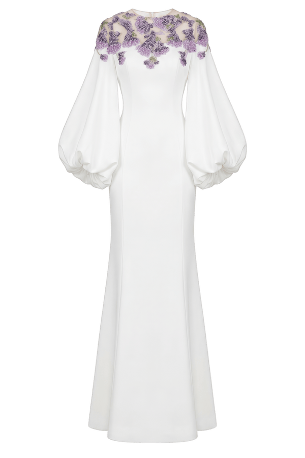 Bishop Sleeve Crepe Gown - ALBOUSHIYA - district 5 - dubai - riyadh - abaya - dresses - designers - evening wear - luxury - elegance - craftsmanship - gowns - cocktail dresses - collections - georges