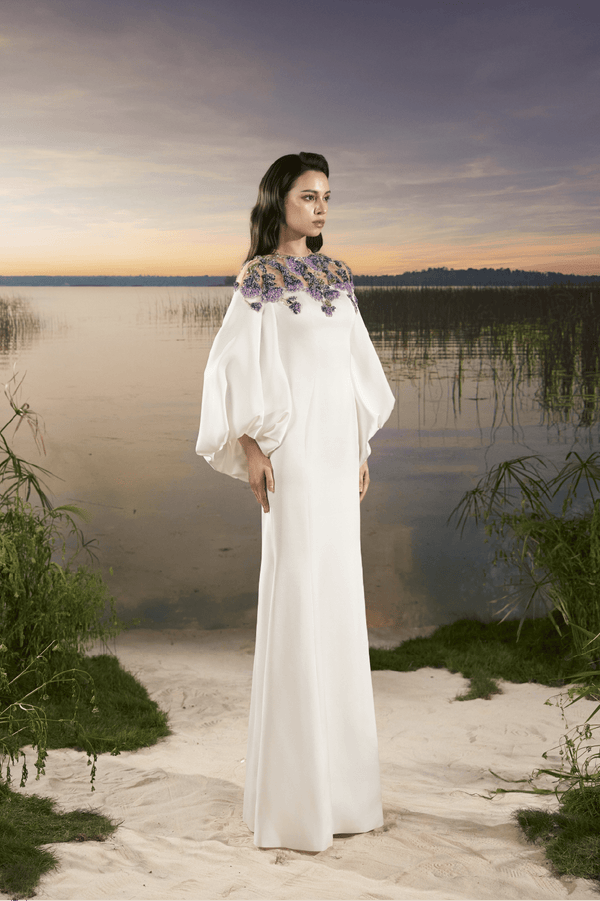 Bishop Sleeve Crepe Gown - ALBOUSHIYA - district 5 - dubai - riyadh - abaya - dresses - designers - evening wear - luxury - elegance - craftsmanship - gowns - cocktail dresses - collections - georges