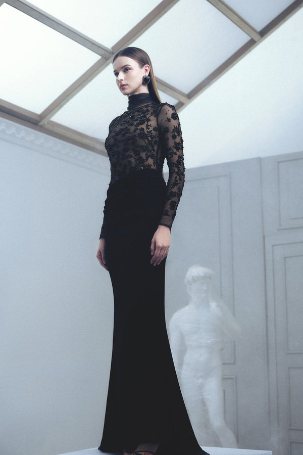 Black Fitted Floral Gown - ALBOUSHIYA - district 5 - dubai - riyadh - abaya - dresses - designers - evening wear - luxury - elegance - craftsmanship - gowns - cocktail dresses - collections - georges