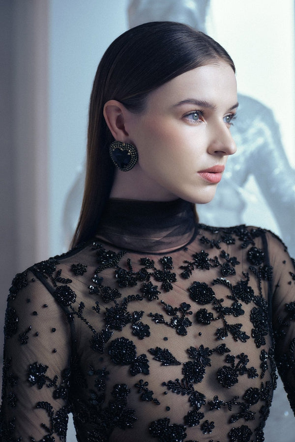 Black Fitted Floral Gown - ALBOUSHIYA - district 5 - dubai - riyadh - abaya - dresses - designers - evening wear - luxury - elegance - craftsmanship - gowns - cocktail dresses - collections - georges