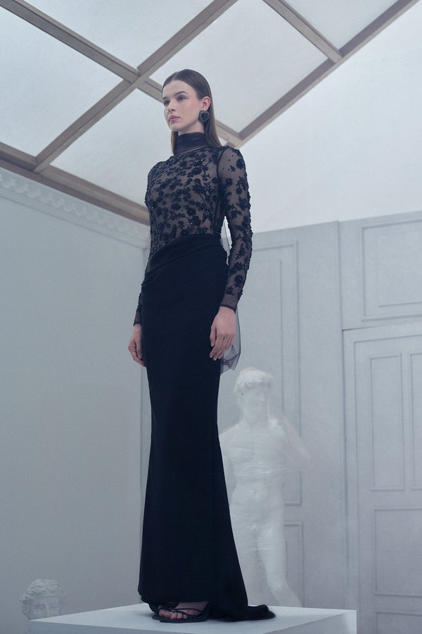 Black Fitted Floral Gown - ALBOUSHIYA - district 5 - dubai - riyadh - abaya - dresses - designers - evening wear - luxury - elegance - craftsmanship - gowns - cocktail dresses - collections - georges