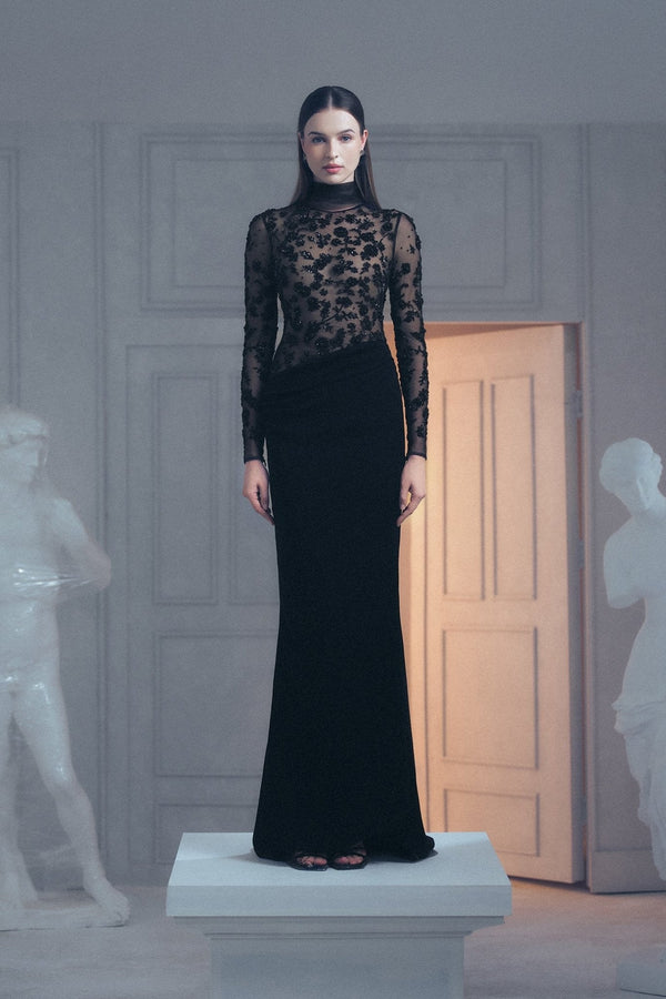 Black Fitted Floral Gown - ALBOUSHIYA - district 5 - dubai - riyadh - abaya - dresses - designers - evening wear - luxury - elegance - craftsmanship - gowns - cocktail dresses - collections - georges