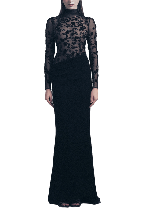 Black Fitted Floral Gown - ALBOUSHIYA - district 5 - dubai - riyadh - abaya - dresses - designers - evening wear - luxury - elegance - craftsmanship - gowns - cocktail dresses - collections - georges