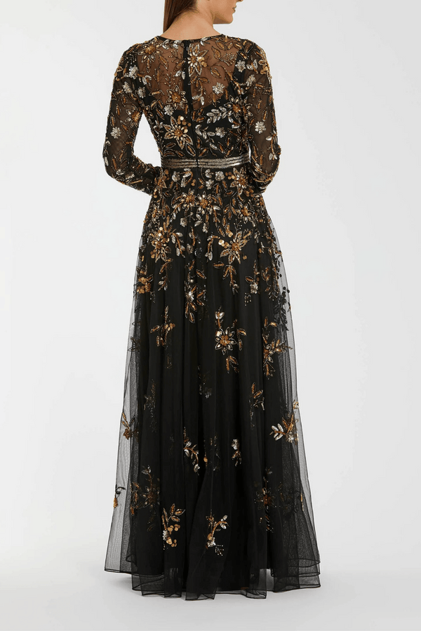Black Hand Embellished Long Sleeve A Line Gown - ALBOUSHIYA - district 5 - dubai - riyadh - abaya - dresses - designers - evening wear - luxury - elegance - craftsmanship - gowns - cocktail dresses - collections - georges