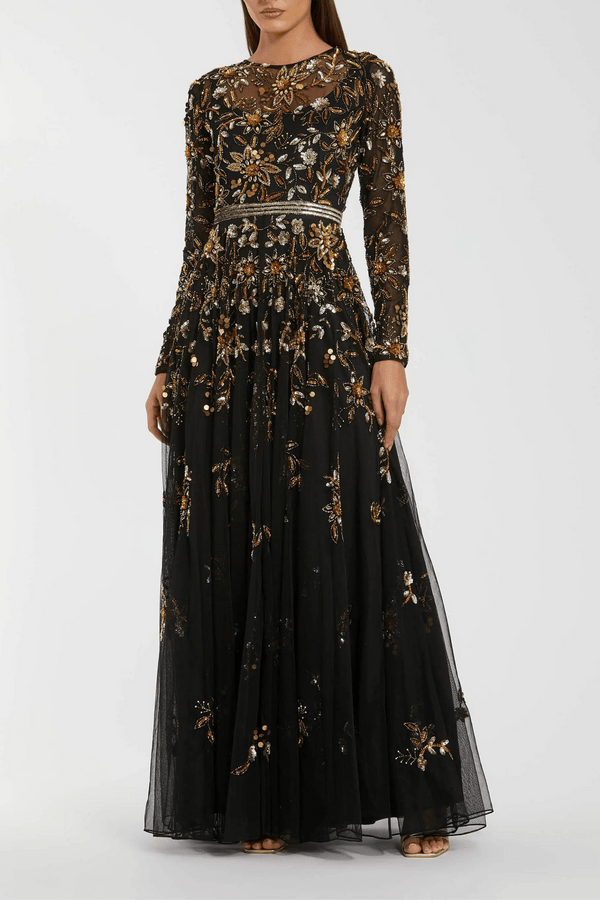 Black Hand Embellished Long Sleeve A Line Gown - ALBOUSHIYA - district 5 - dubai - riyadh - abaya - dresses - designers - evening wear - luxury - elegance - craftsmanship - gowns - cocktail dresses - collections - georges