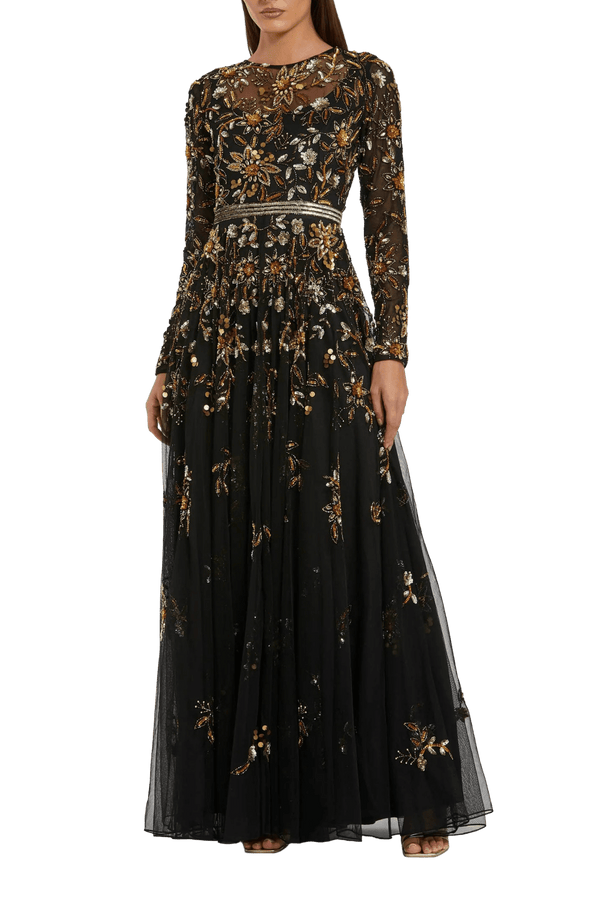 Black Hand Embellished Long Sleeve A Line Gown - ALBOUSHIYA - district 5 - dubai - riyadh - abaya - dresses - designers - evening wear - luxury - elegance - craftsmanship - gowns - cocktail dresses - collections - georges