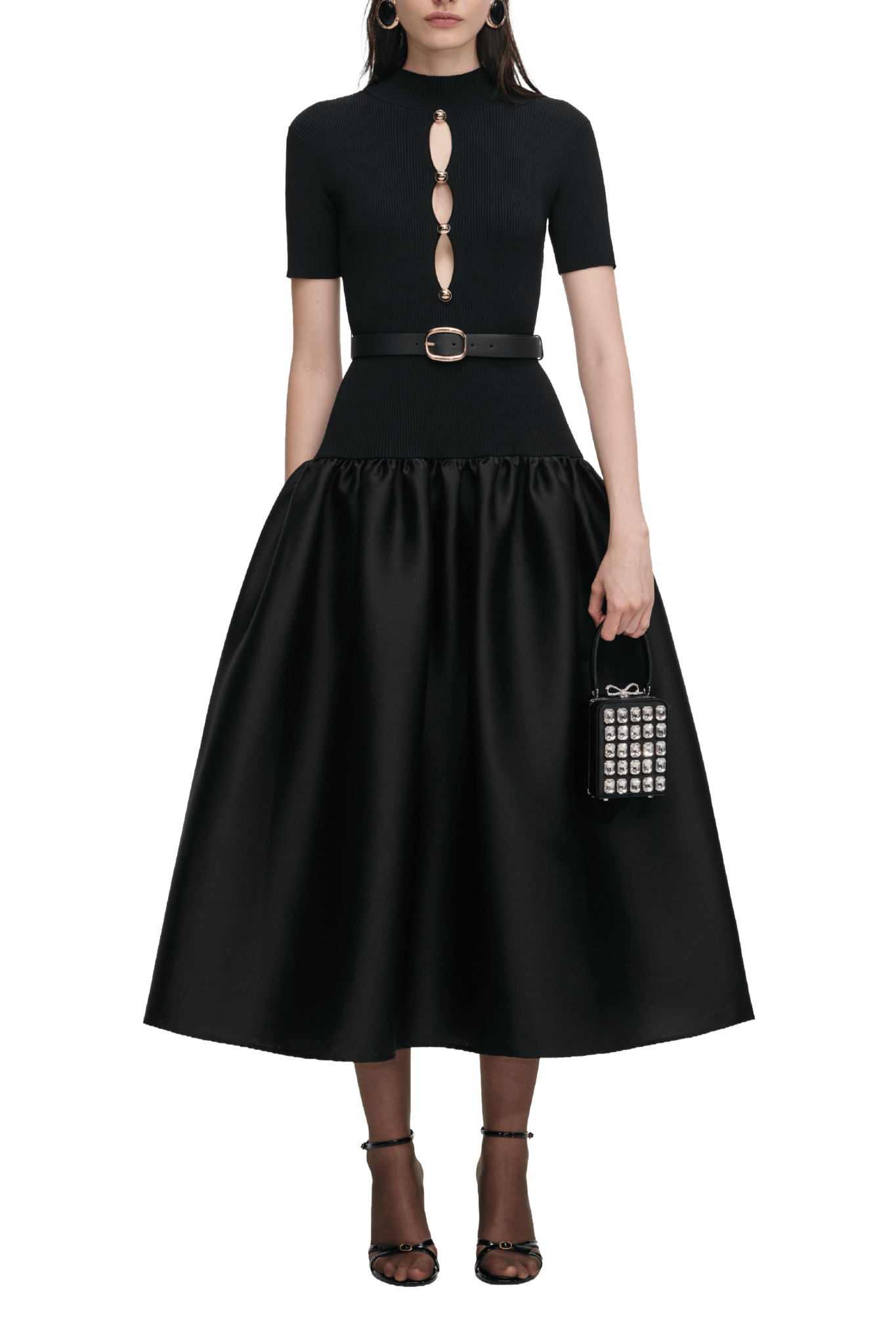 Black Knit Taffeta Midi Dress - ALBOUSHIYA - district 5 - dubai - riyadh - abaya - dresses - designers - evening wear - luxury - elegance - craftsmanship - gowns - cocktail dresses - collections - georges