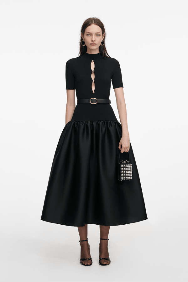 Black Knit Taffeta Midi Dress - ALBOUSHIYA - district 5 - dubai - riyadh - abaya - dresses - designers - evening wear - luxury - elegance - craftsmanship - gowns - cocktail dresses - collections - georges
