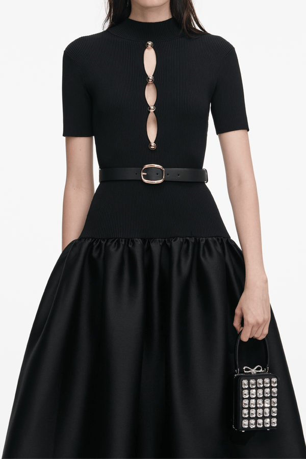 Black Knit Taffeta Midi Dress - ALBOUSHIYA - district 5 - dubai - riyadh - abaya - dresses - designers - evening wear - luxury - elegance - craftsmanship - gowns - cocktail dresses - collections - georges
