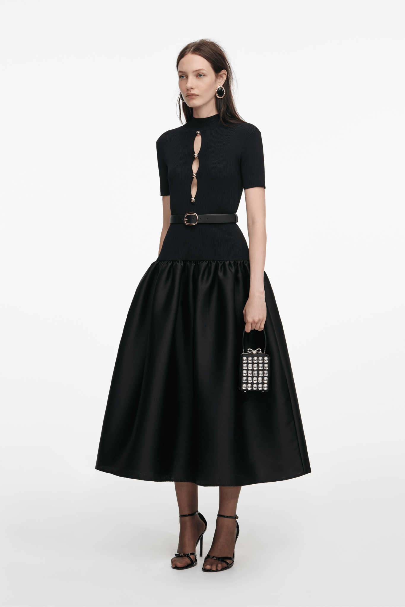 Black Knit Taffeta Midi Dress - ALBOUSHIYA - district 5 - dubai - riyadh - abaya - dresses - designers - evening wear - luxury - elegance - craftsmanship - gowns - cocktail dresses - collections - georges
