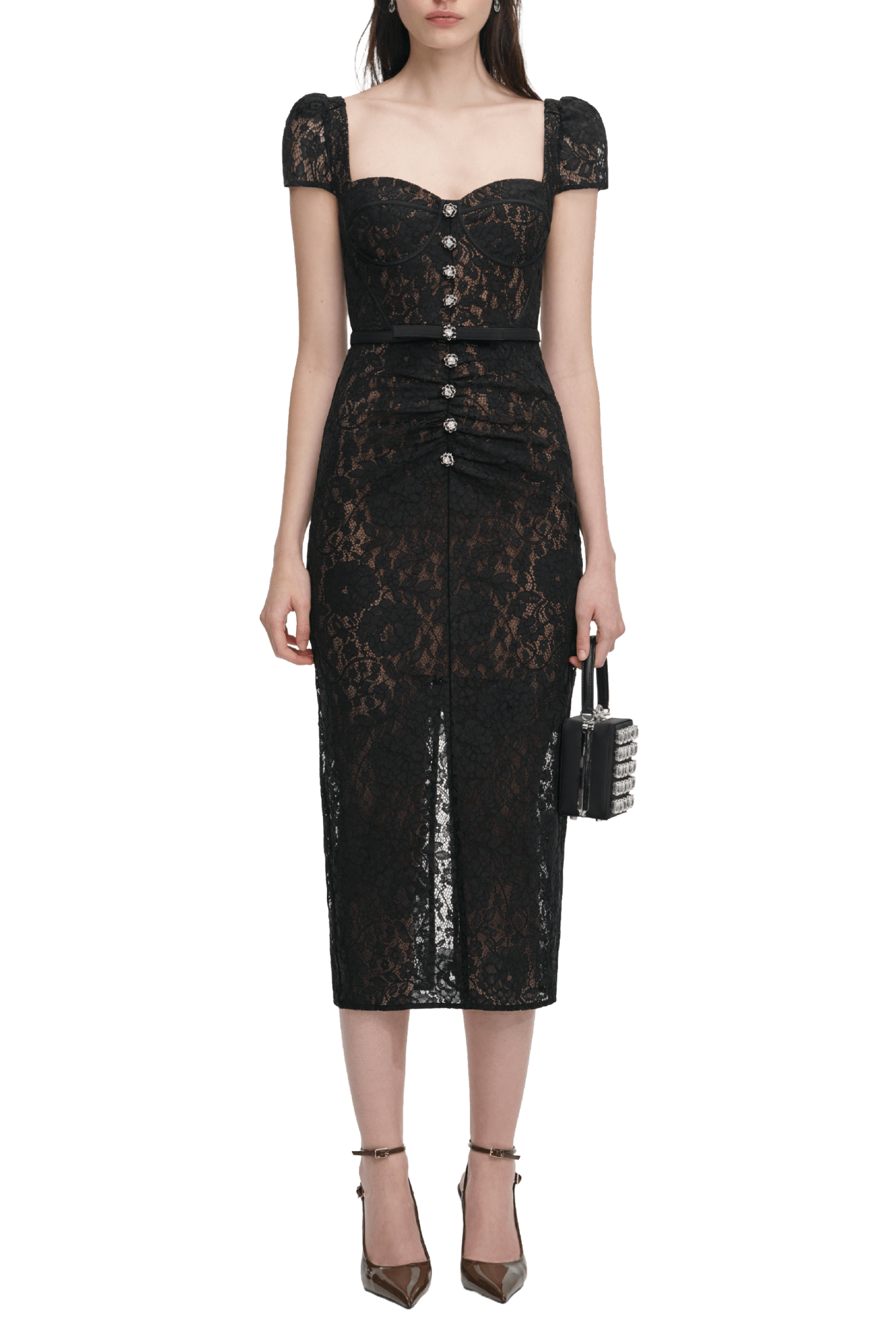 Black Sweetheart Lace Midi Dress - ALBOUSHIYA - district 5 - dubai - riyadh - abaya - dresses - designers - evening wear - luxury - elegance - craftsmanship - gowns - cocktail dresses - collections - georges