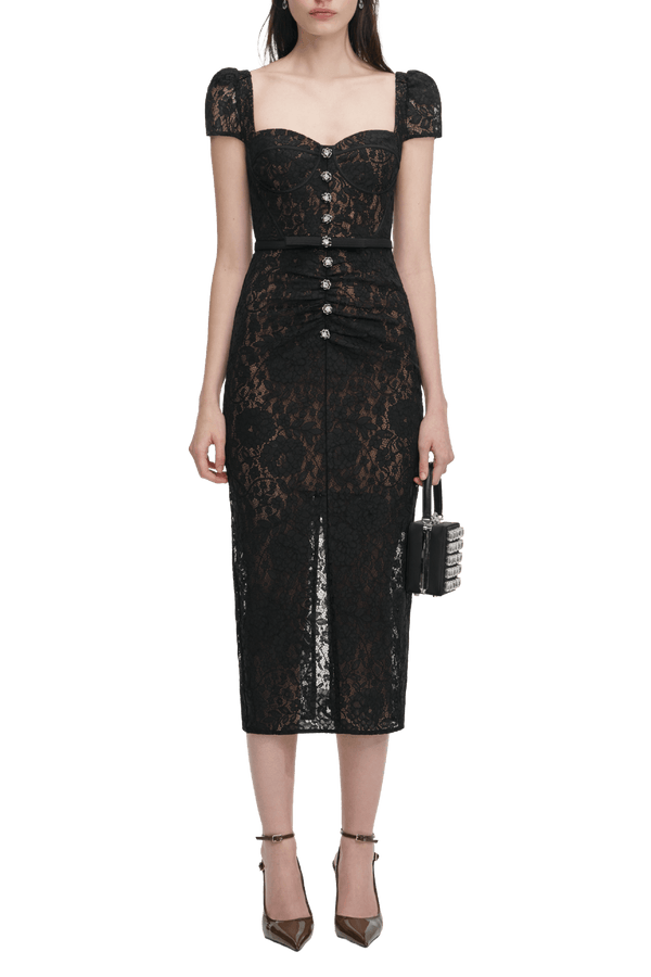 Black Sweetheart Lace Midi Dress - ALBOUSHIYA - district 5 - dubai - riyadh - abaya - dresses - designers - evening wear - luxury - elegance - craftsmanship - gowns - cocktail dresses - collections - georges