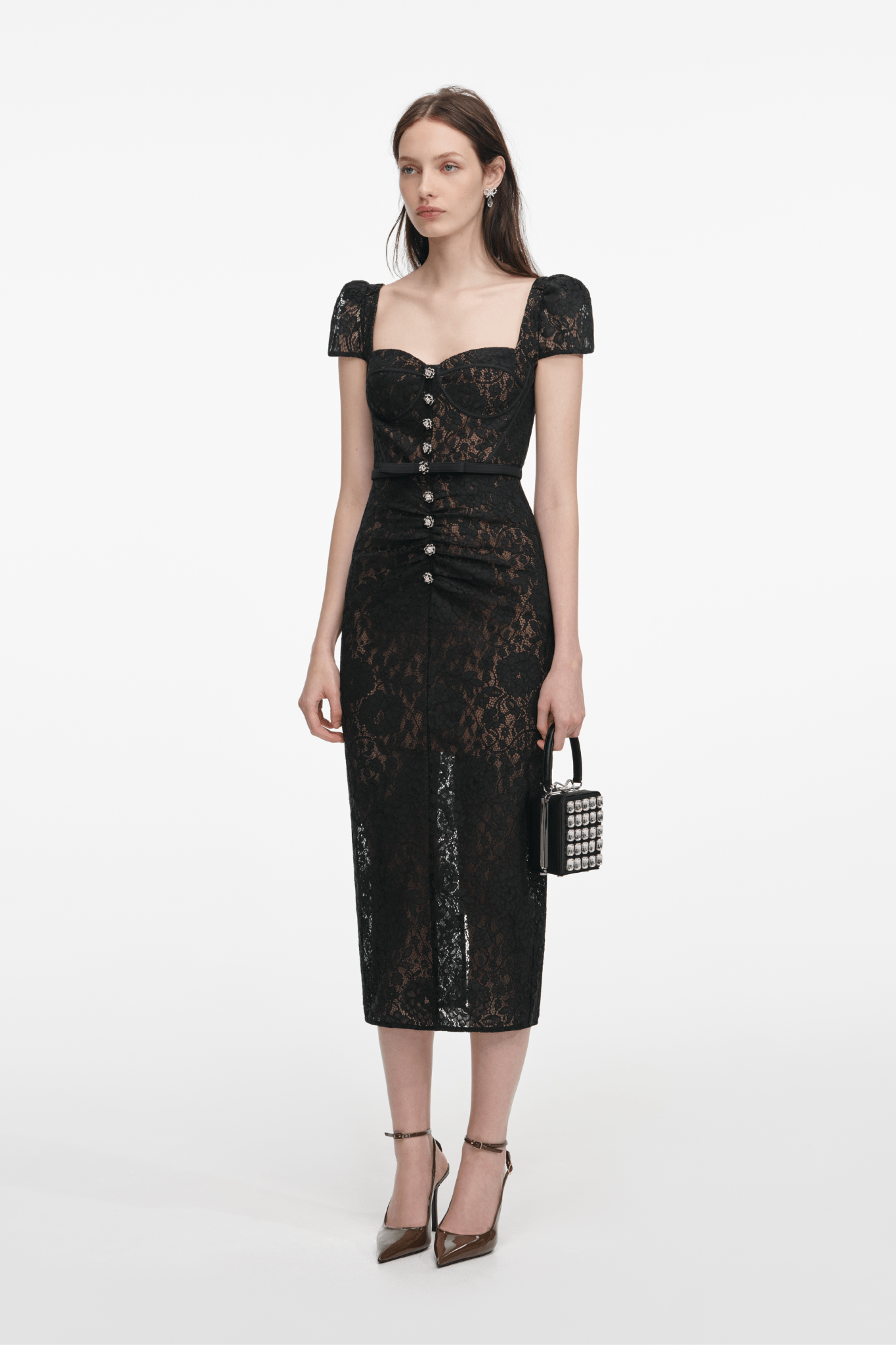 Black Sweetheart Lace Midi Dress - ALBOUSHIYA - district 5 - dubai - riyadh - abaya - dresses - designers - evening wear - luxury - elegance - craftsmanship - gowns - cocktail dresses - collections - georges