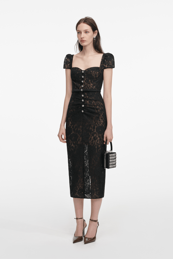 Black Sweetheart Lace Midi Dress - ALBOUSHIYA - district 5 - dubai - riyadh - abaya - dresses - designers - evening wear - luxury - elegance - craftsmanship - gowns - cocktail dresses - collections - georges