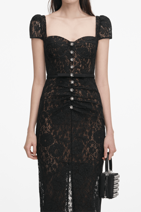 Black Sweetheart Lace Midi Dress - ALBOUSHIYA - district 5 - dubai - riyadh - abaya - dresses - designers - evening wear - luxury - elegance - craftsmanship - gowns - cocktail dresses - collections - georges