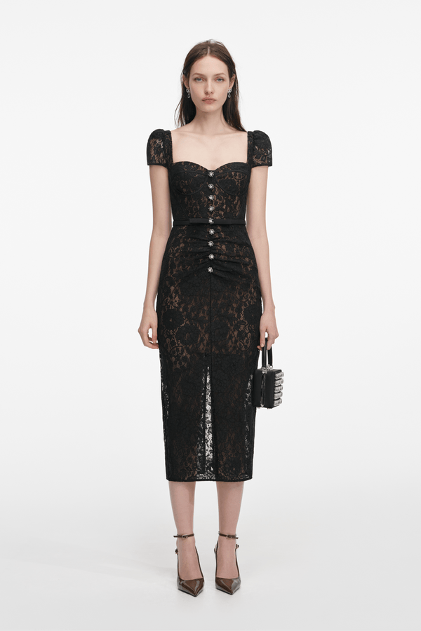 Black Sweetheart Lace Midi Dress - ALBOUSHIYA - district 5 - dubai - riyadh - abaya - dresses - designers - evening wear - luxury - elegance - craftsmanship - gowns - cocktail dresses - collections - georges