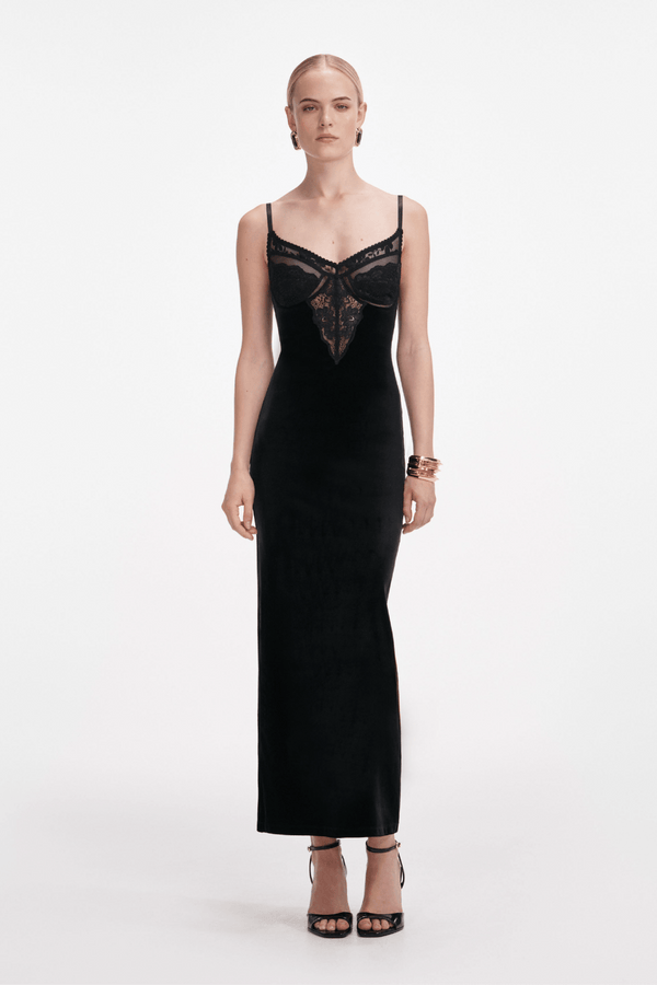Black Velvet Strappy Midi Dress - ALBOUSHIYA - district 5 - dubai - riyadh - abaya - dresses - designers - evening wear - luxury - elegance - craftsmanship - gowns - cocktail dresses - collections - georges