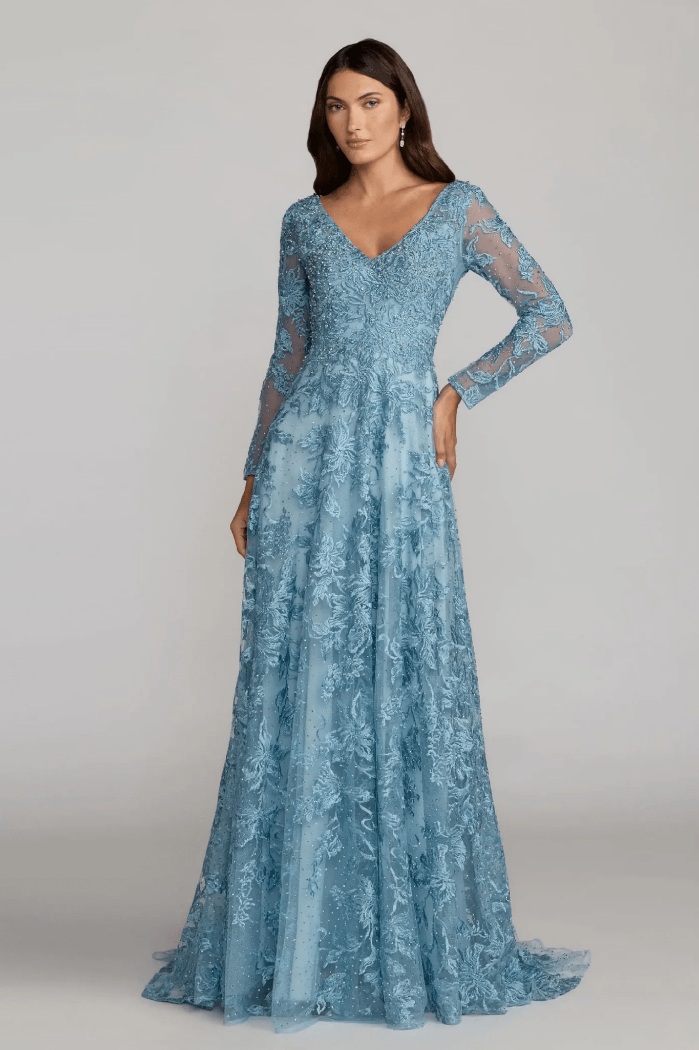 Blue Embroidered Long Sleeve A-Line Gown - ALBOUSHIYA - district 5 - dubai - riyadh - abaya - dresses - designers - evening wear - luxury - elegance - craftsmanship - gowns - cocktail dresses - collections - georges