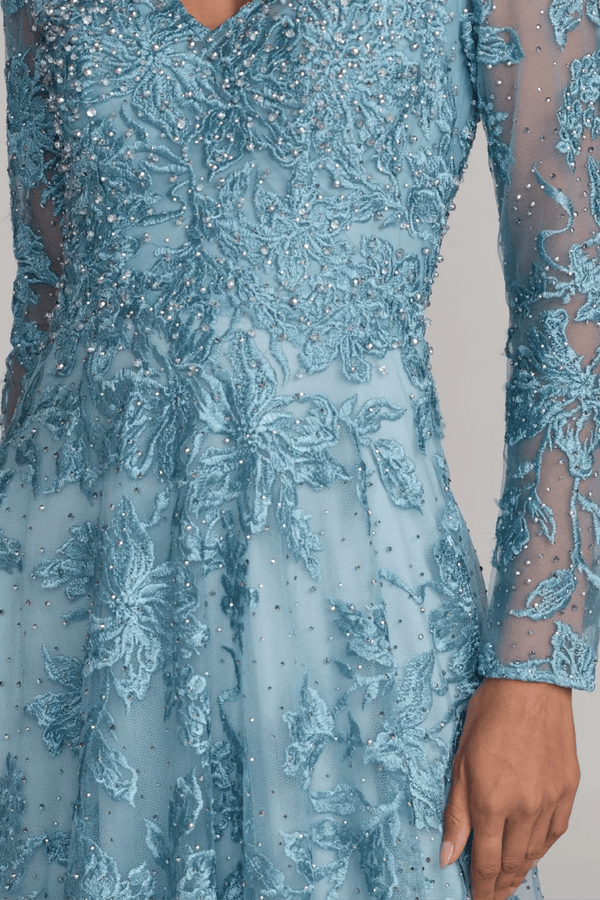 Blue Embroidered Long Sleeve A-Line Gown - ALBOUSHIYA - district 5 - dubai - riyadh - abaya - dresses - designers - evening wear - luxury - elegance - craftsmanship - gowns - cocktail dresses - collections - georges