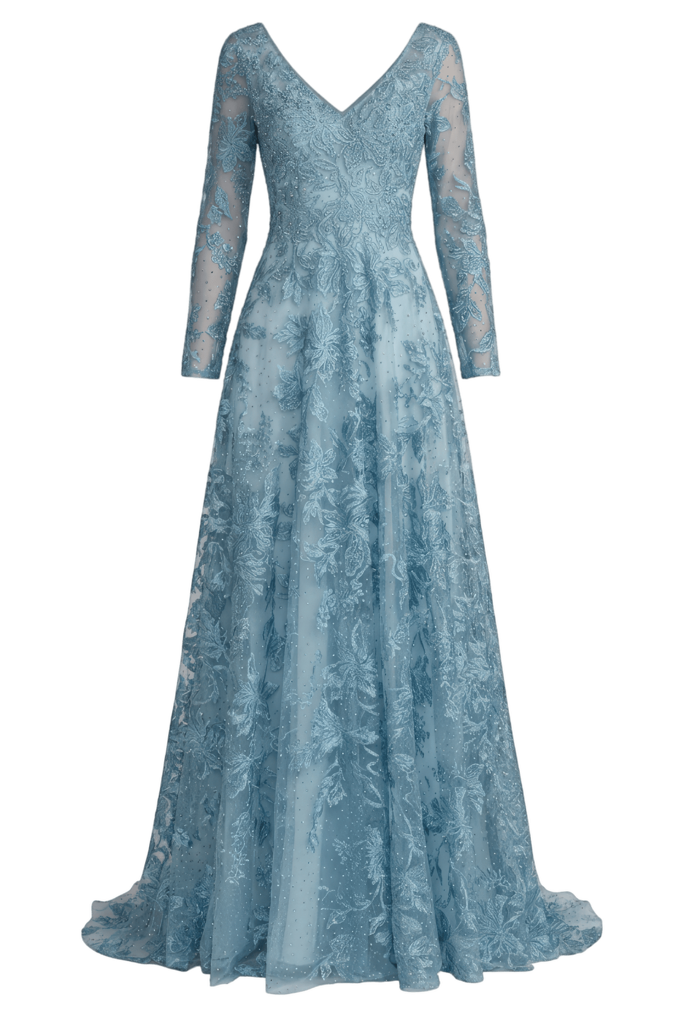 Blue Embroidered Long Sleeve A-Line Gown - ALBOUSHIYA - district 5 - dubai - riyadh - abaya - dresses - designers - evening wear - luxury - elegance - craftsmanship - gowns - cocktail dresses - collections - georges