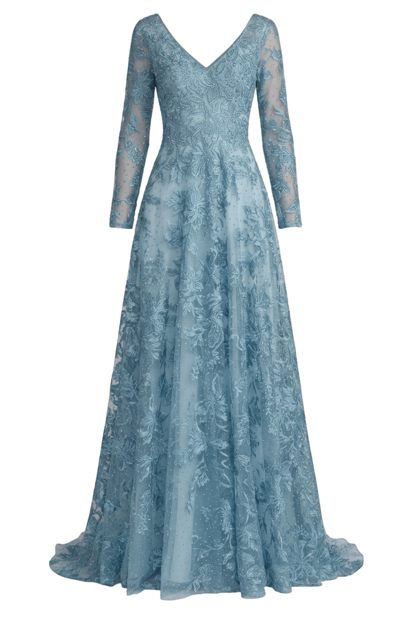 Blue Embroidered Long Sleeve A-Line Gown - ALBOUSHIYA - district 5 - dubai - riyadh - abaya - dresses - designers - evening wear - luxury - elegance - craftsmanship - gowns - cocktail dresses - collections - georges