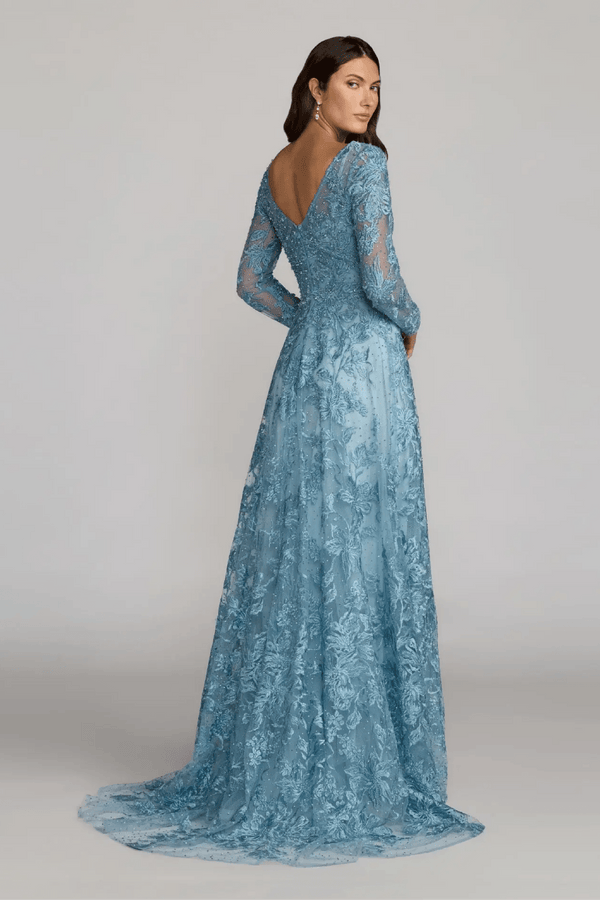 Blue Embroidered Long Sleeve A-Line Gown - ALBOUSHIYA - district 5 - dubai - riyadh - abaya - dresses - designers - evening wear - luxury - elegance - craftsmanship - gowns - cocktail dresses - collections - georges