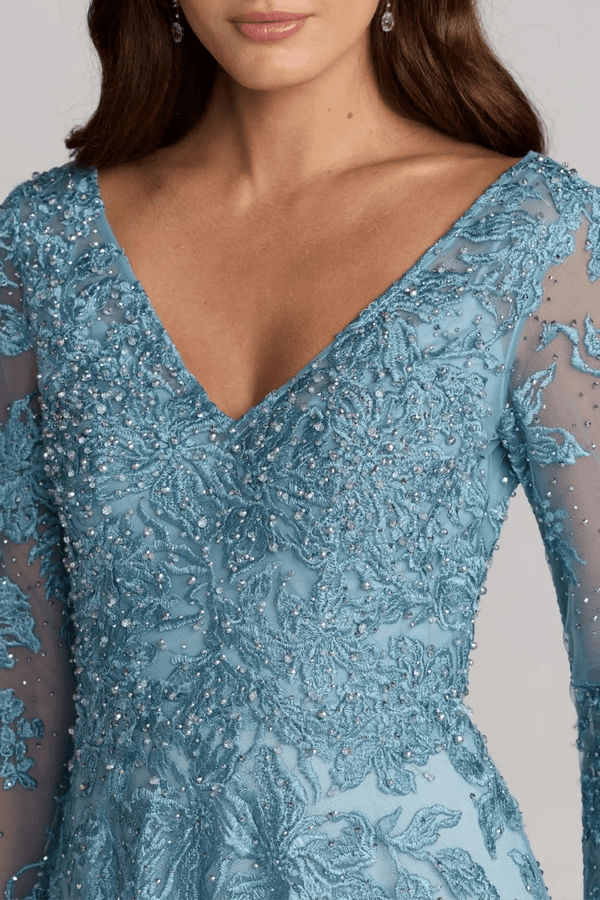 Blue Embroidered Long Sleeve A-Line Gown - ALBOUSHIYA - district 5 - dubai - riyadh - abaya - dresses - designers - evening wear - luxury - elegance - craftsmanship - gowns - cocktail dresses - collections - georges