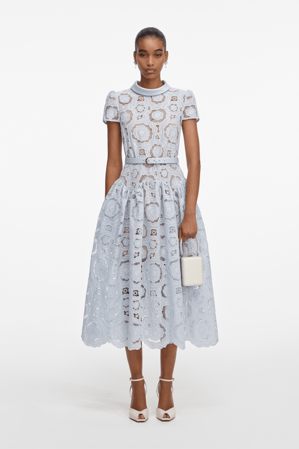 Blue Floral Lace Midi Dress - ALBOUSHIYA - district 5 - dubai - riyadh - abaya - dresses - designers - evening wear - luxury - elegance - craftsmanship - gowns - cocktail dresses - collections - georges