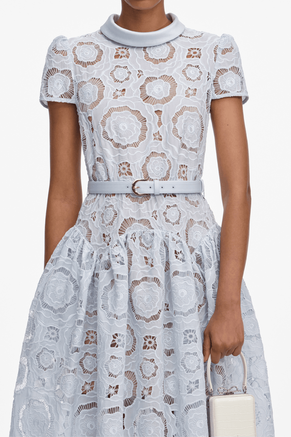 Blue Floral Lace Midi Dress - ALBOUSHIYA - district 5 - dubai - riyadh - abaya - dresses - designers - evening wear - luxury - elegance - craftsmanship - gowns - cocktail dresses - collections - georges