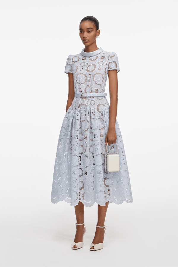 Blue Floral Lace Midi Dress - ALBOUSHIYA - district 5 - dubai - riyadh - abaya - dresses - designers - evening wear - luxury - elegance - craftsmanship - gowns - cocktail dresses - collections - georges