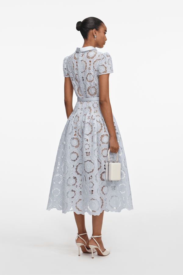 Blue Floral Lace Midi Dress - ALBOUSHIYA - district 5 - dubai - riyadh - abaya - dresses - designers - evening wear - luxury - elegance - craftsmanship - gowns - cocktail dresses - collections - georges